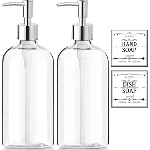 Clear Soap Dispenser with Rust Proof Pump Waterproof Labels 2 Pack 16 Oz Plastic Hand Dish Soap Dispenser for Kitchen Bathroom