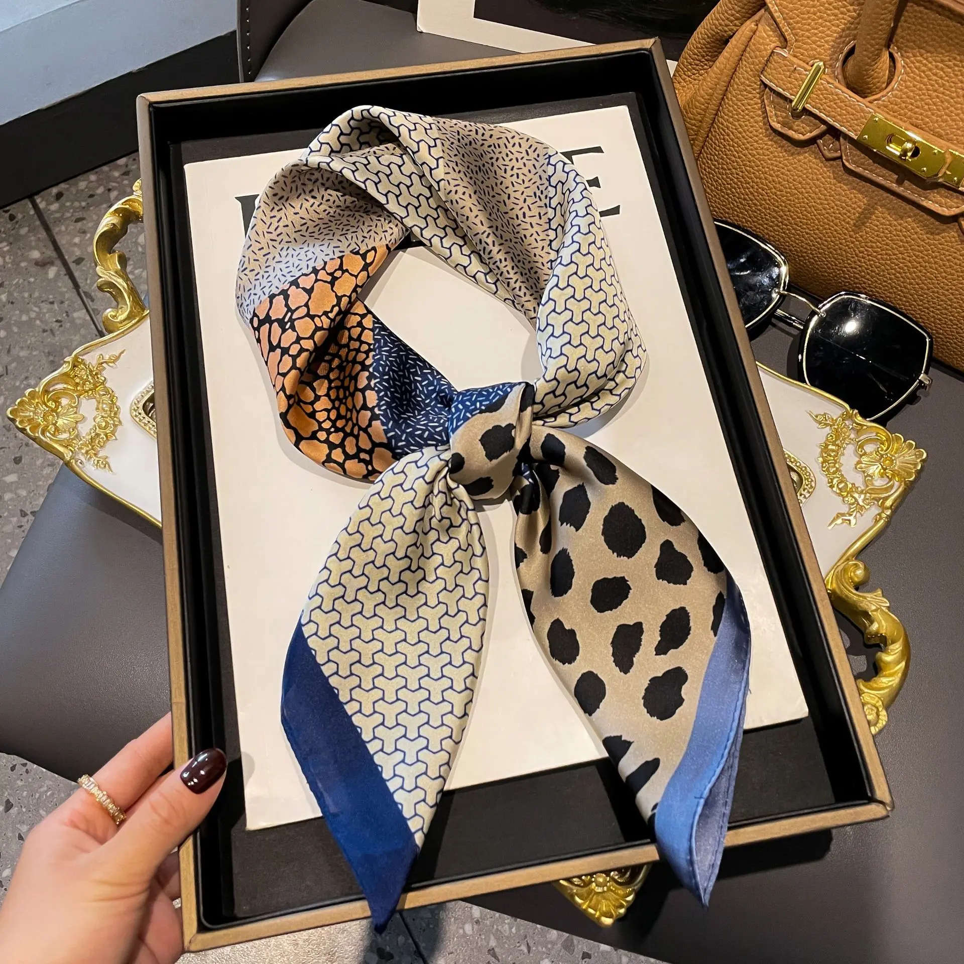 Blue border with white leopard print