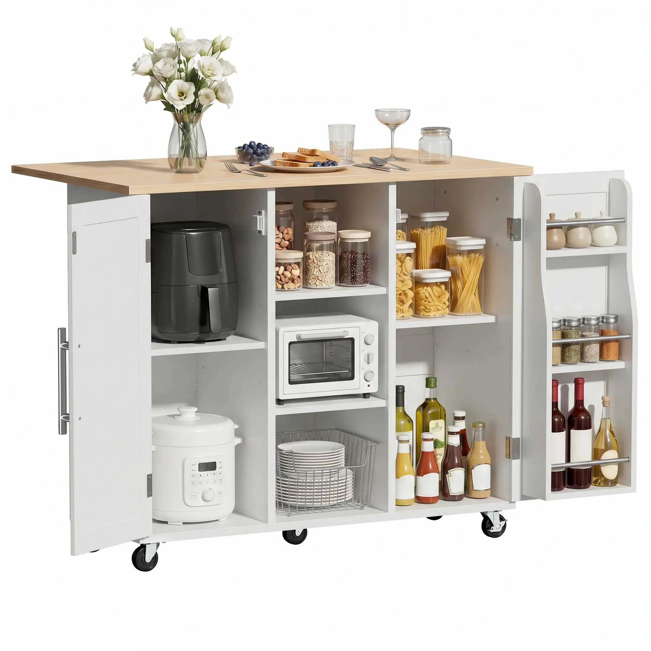 DUMOS Kitchen Islands Carts with Storage Cabinets, Drop Leaf Countertop on Wheels Rolling