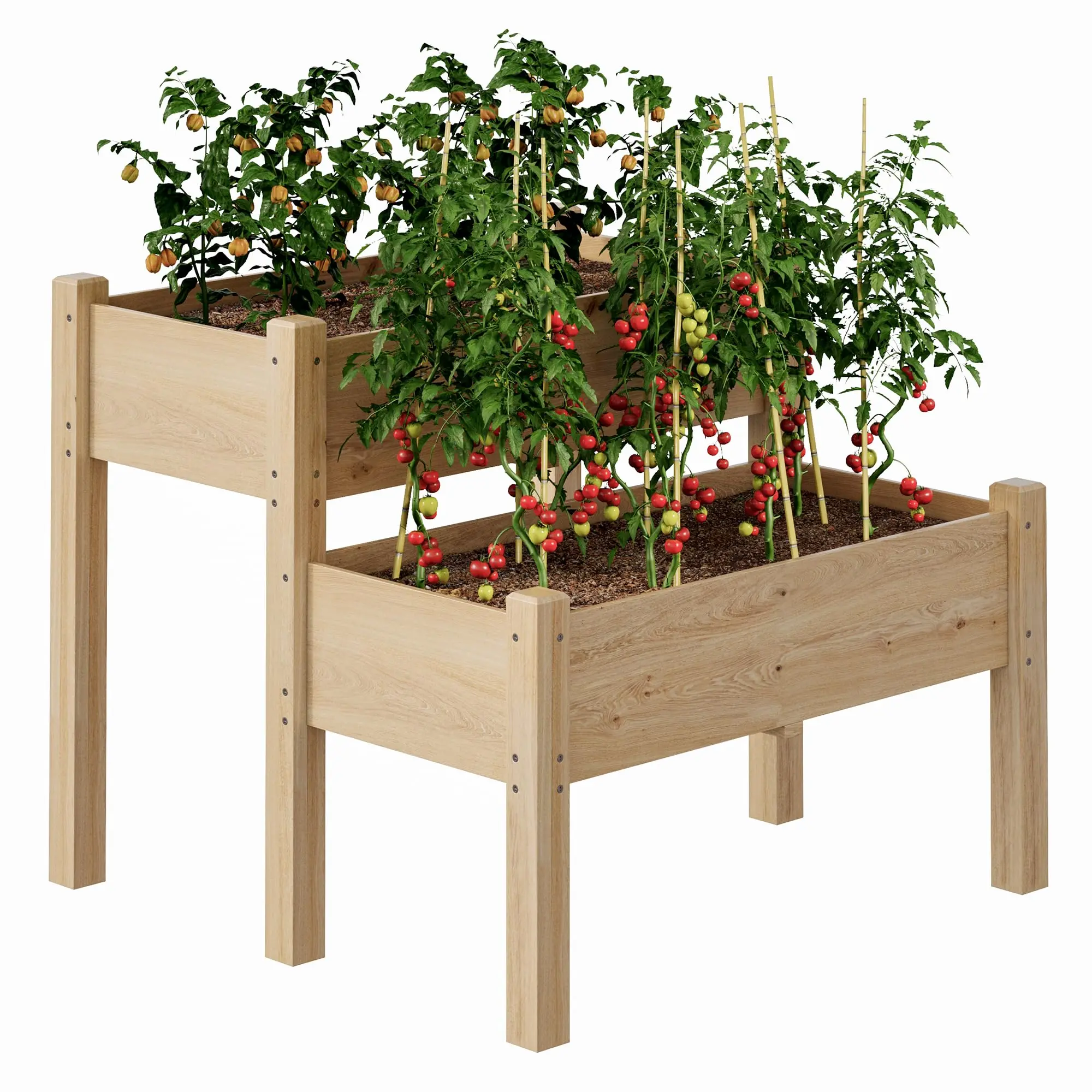 GAOMON Natural Wood Elevated Planting Boxes - 2-Tier Stackable Large Space Vegetable Planters with Raised Height Legs, 34in L x 34in W x 29in H, 7 Cu Ft, 8 Built-in Drainage Holes, 352 Lbs Capacity, for Backyard, Balconies