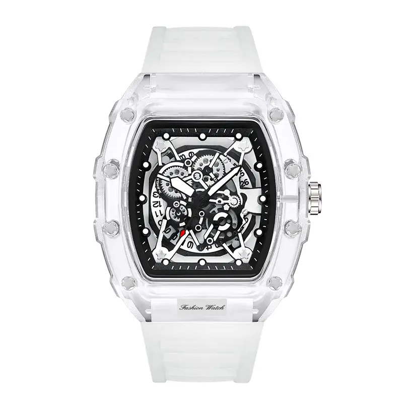 Men's Clear Skeleton Watch with Exhibition Back | Transparent Silicone Strap Quartz Movement with Barrel Dial Design | Water Resistant Minimalist Watch for Urban Street Style & Workplace | Essential for Students, Fashion Men & Professionals