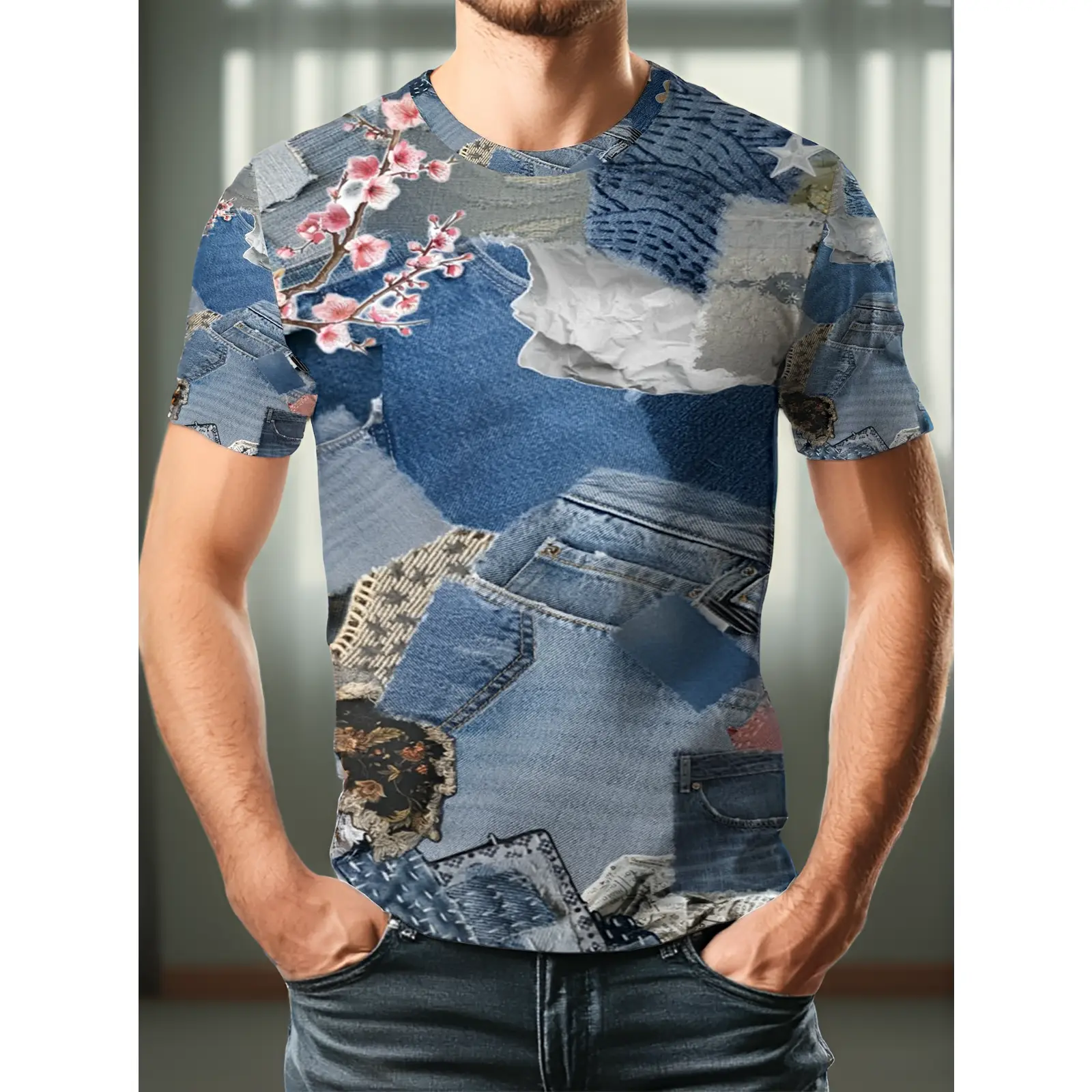 Men's Vintage Denim Patchwork T-Shirt- Distressed Denim Scraps and Floral Print Short-sleeve T-shirt, Regular Fit, Round Neck, Casual Street Style, Suitable for Casual Attire, Machine Washable Denim- Easy to Match with Other Clothing