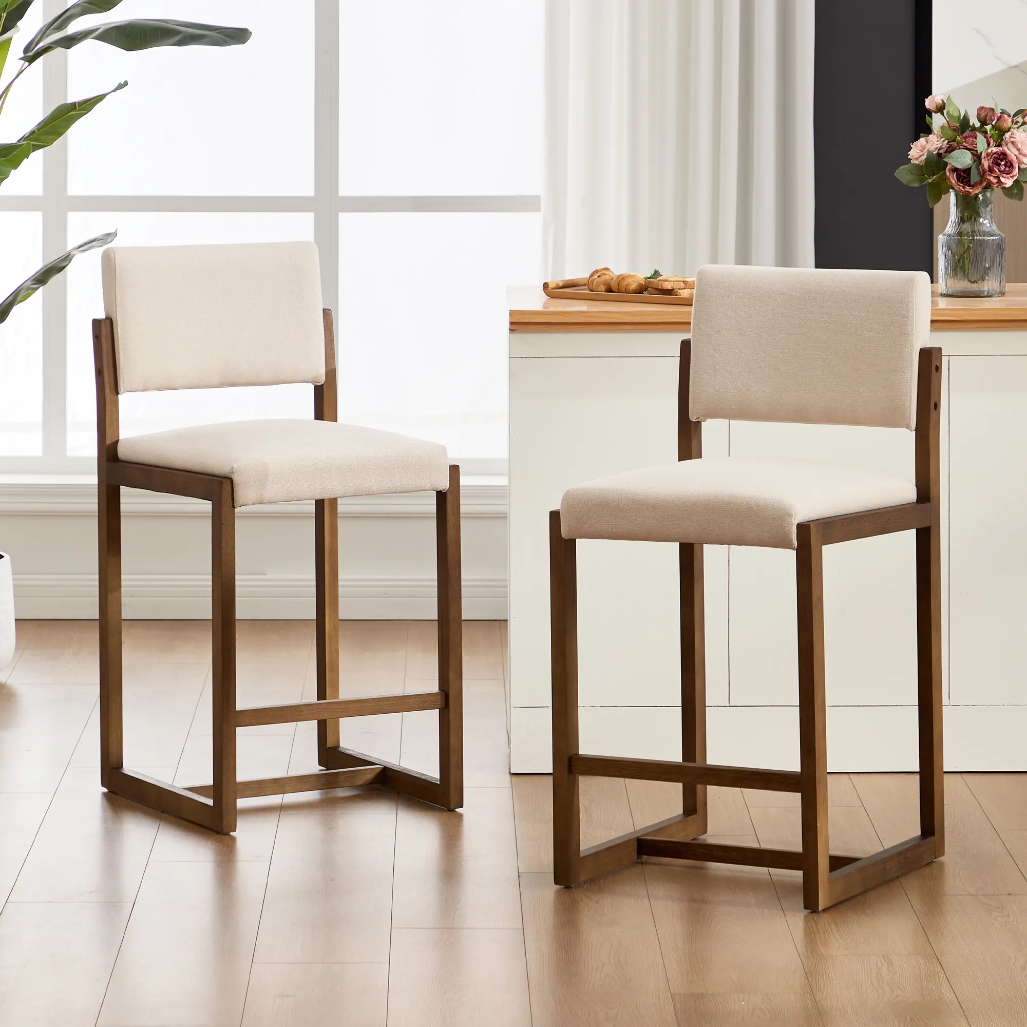 Lessmore Counter Height Bar Stool with Backrest Solid Wood Frame Linen/Teddy Upholstered Kitchen Island Stools Dining Chairs