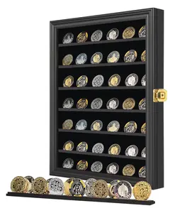 IHEIPYE Military Challenge Coin Display Case Lockable Cabinet Rack Holder Shadow Box with Removable 2 Grooves Shelves Anti Dust Door for Casino Poker Chips Collectibles Large Black 1 Pack Coin Storage Coin Storage Unit