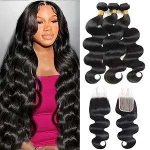 Gefily[12A]Bundles with Closure Human Hair Body Wave 16 18 20 22＋16 Inch 100% Unprocessed Brazilian Virgin Hair Extensions 3 Bundles with 4x4 Free Part Lace Closure Natural Black