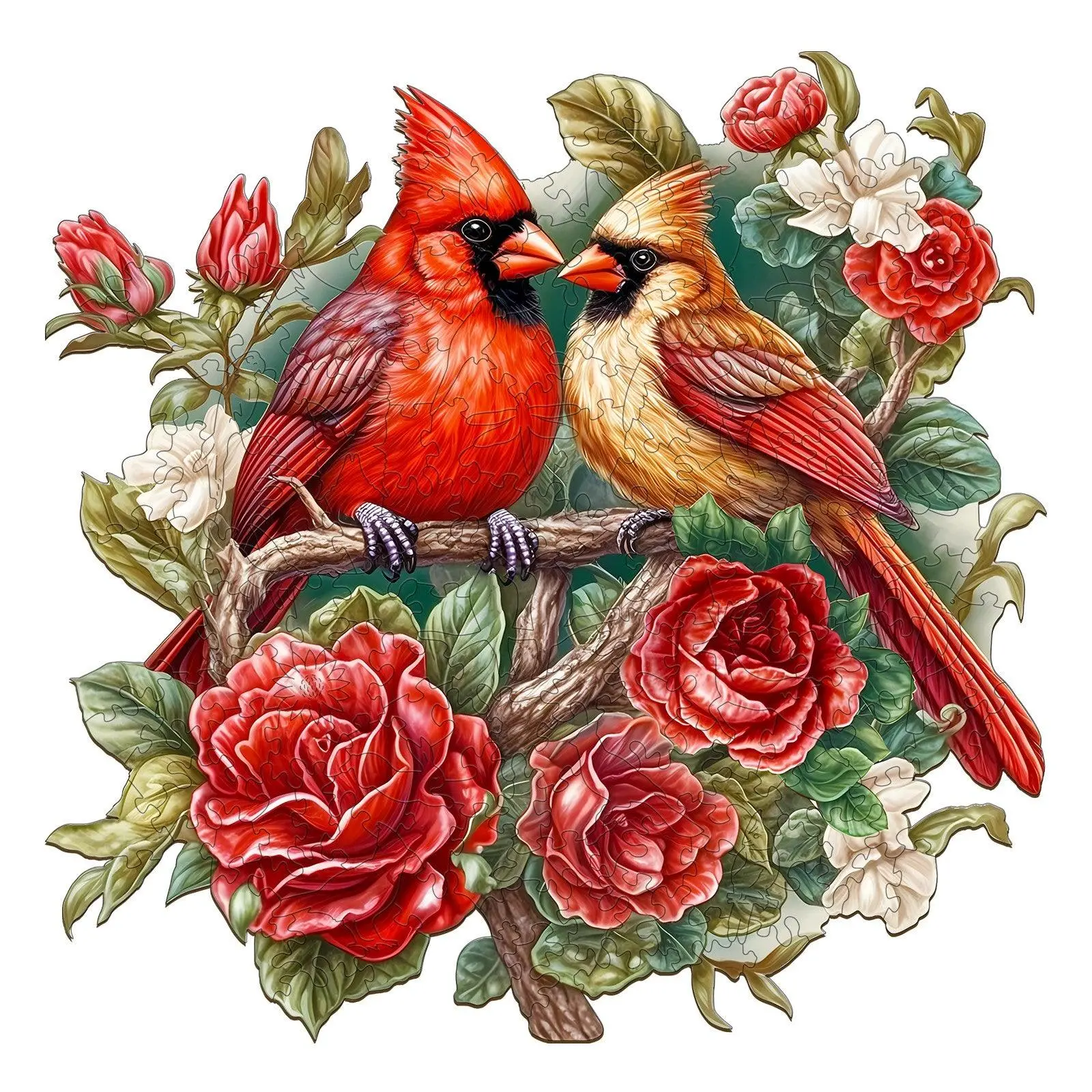 Beautiful Cardinal Wooden Jigsaw Puzzle - Red and Beige Cardinals with Roses and Green Leaves