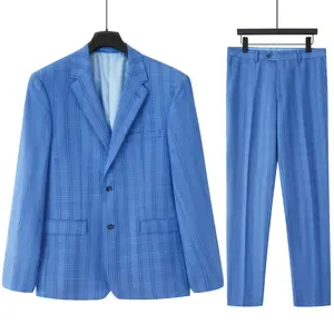 GIANCO FERRO Men's Slim Fit Blue Windowpane Pattern Two-Piece Suit features a lapel blazer and trousers, double vents, and a lightweight stretch fabric.