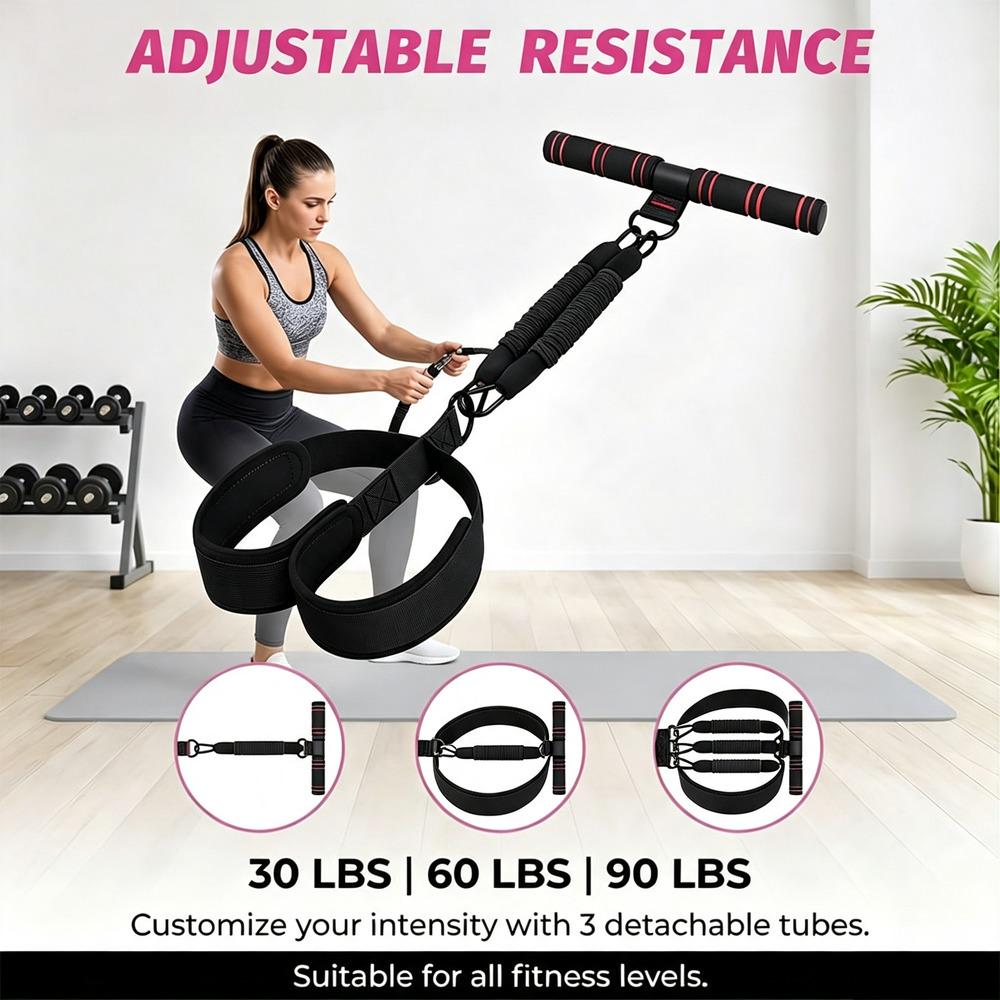 T-Handle Foot Pedal Pull Rope Set, black curved foot straps with multi-intensity elastic cords, portable pouch included, beginner training supplies, park basic sports indoor shared exercise auxiliary tools