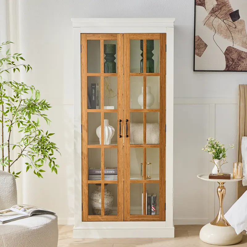 71.2" Tall Display Cabinet with Glass Doors,Rustic Style China Cabinet,Curio Cabinet for Collectibles Figures Trophies for Hallways Living Room, Kitchen, Home, Studio or Workspace,White & Brown