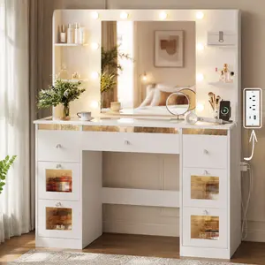 Makeup Vanity with 7 Lighted Drawers 3 Color LED Mirror Glass Top 4 Shelves Huge Storage Light White Bedroom Dressing Table
