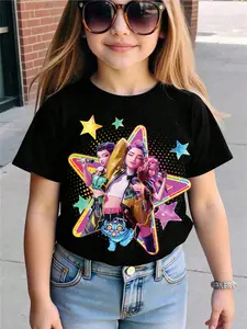 Girls' Round Neck Short Sleeve T-Shirt, K-Pop Boy Group Cartoon Star Pattern, Soft Comfortable Knit Fabric, Summer Outdoor Activities