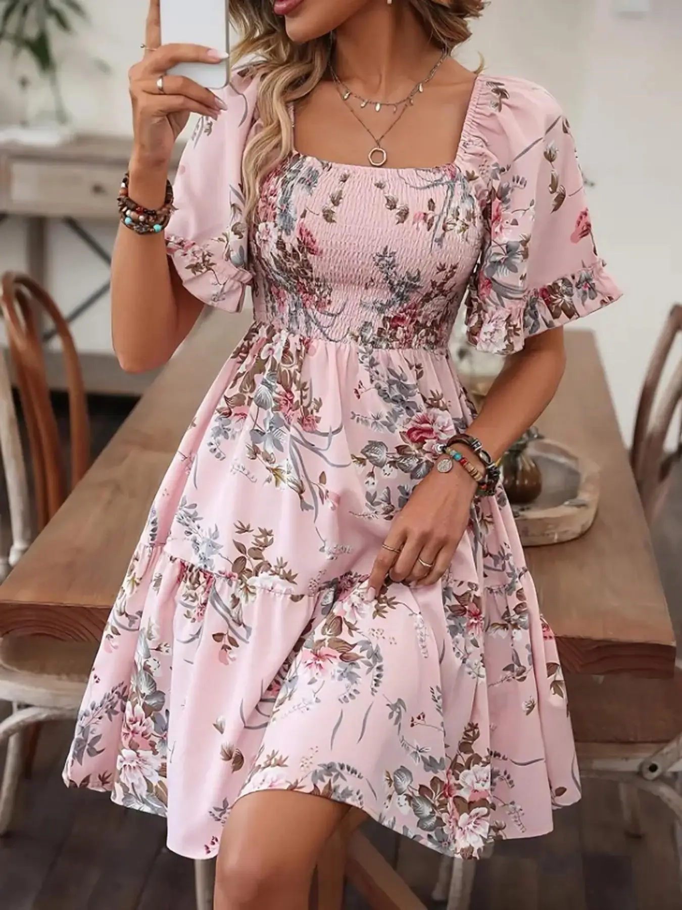 Women's Floral Print Ruffle Hem Shirred A Line Dress, Casual Boho Romantic Flounce Sleeve Square Neck Short Dress for Beach Vacation, Ladies Summer C