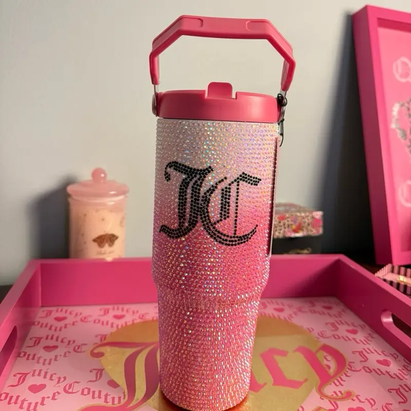 Juicy Couture Pink Rhinestone Tumbler with Logo and Pink Handle