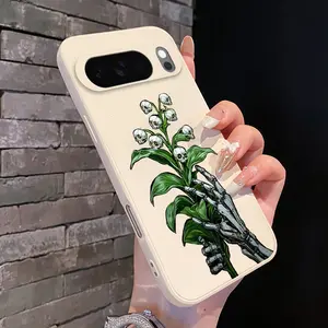 Rounded Edge Phone Case for Google Pixel 10 9 XL 8 7 Pro A Mecha - Skull Lily Pattern Anti-Scratch Shockproof Soft Liquid Silicone Protective Cover Smartphone Casing