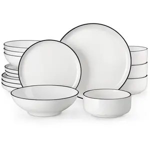 16 pcs Dinnerware Sets, Plates and Bowls Set for 4, Ceramic Dinner Set, White and Black