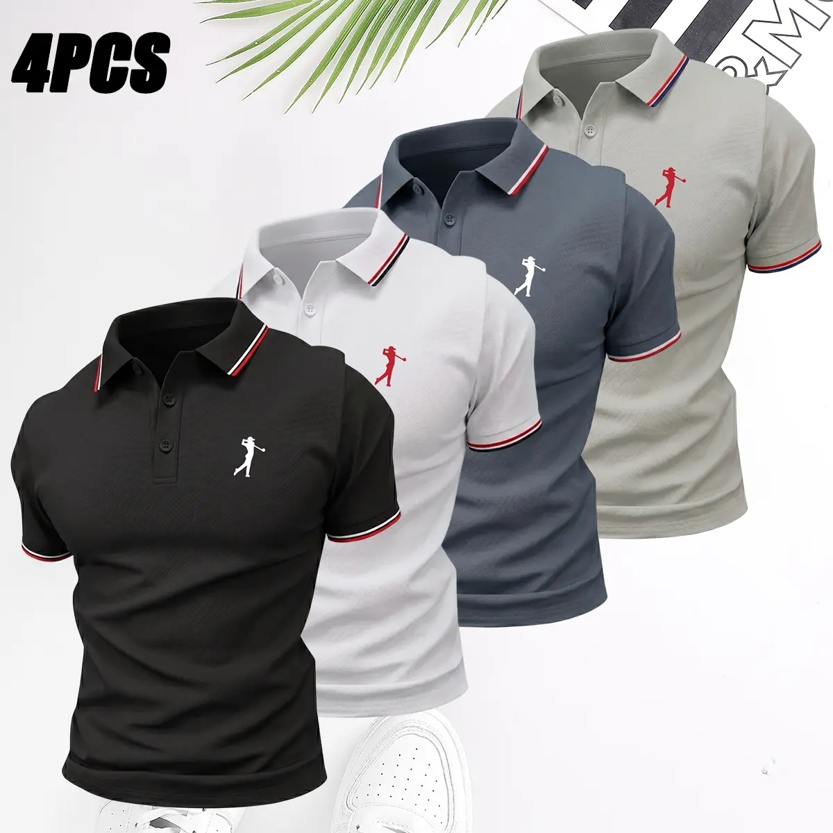 Men's 4-Pack Slim-Fit Polyester Polo Shirts, Solid Buttoned Short-Sleeve Breathable Casual Tops for Work and Golf, Short Sleeve Polo Shirts, Buttoned Short Sleeve Polo Shirts