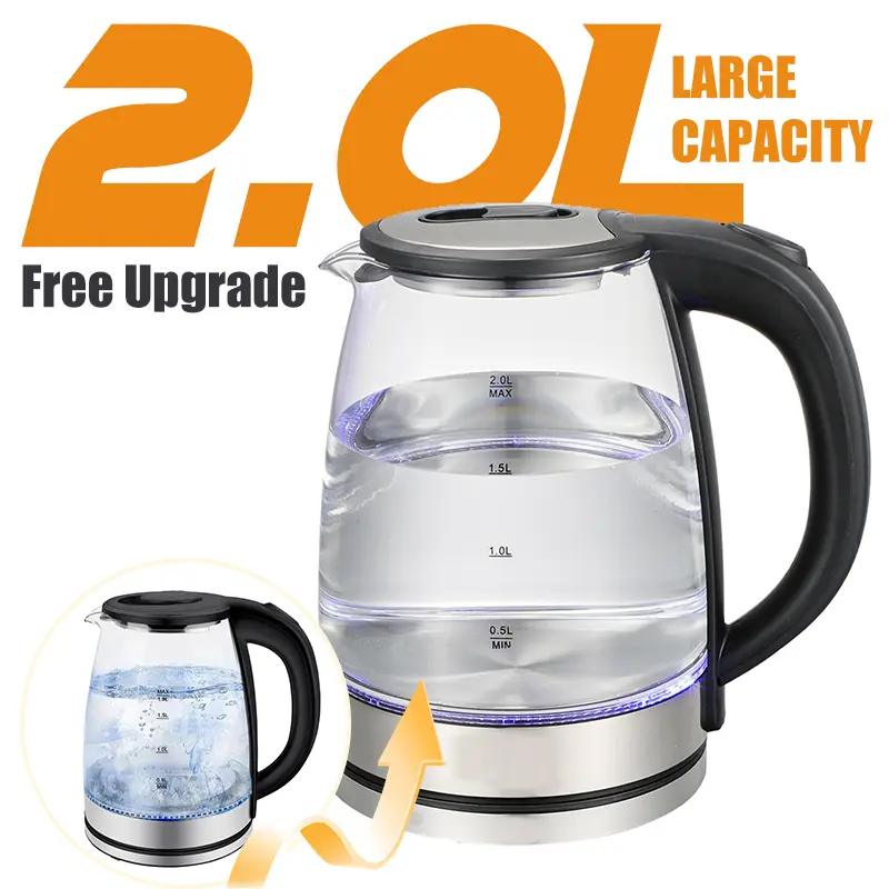 Electric Glass Lid Kettle with Large Capacity, 1.8L/2.0L Hot Water Boiler, Wide Opening, LED Light, Auto Shut-Off, Boil-Dry Protection, Black Household Kitchen Glass Lid Kettles & Jugs Appliance