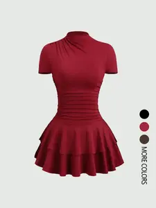 Women's Solid Color Short Sleeve Dress, Elegant Short Casual Wear, Perfect for Daily Use, Stylish and Comfortable Fashion