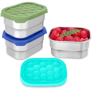 3 Pack Stainless Steel Snack Containers for Kids, 8 oz Easy Open Leak Proof Small Toddler Snack Containers with Silicone Lids, Stackable Metal Lunch Box for Daycare and School