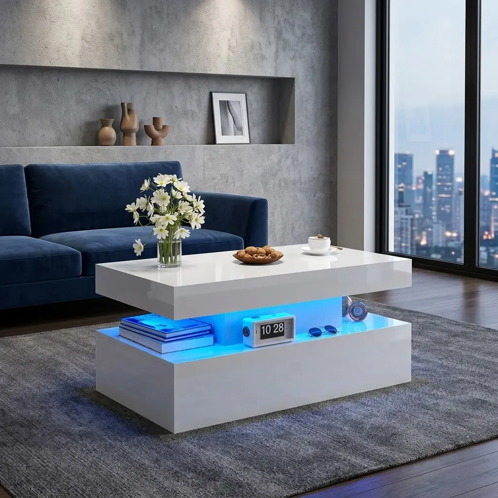Modern High Gloss Coffee Table with LED Lights, 39.4 Inch Rectangular Center Table with Open Storage Shelf, White Minimalist Accent Table for Living Room Home Decor