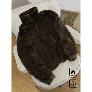 Unisex Zipper Stand Collar Jacket, Long Sleeve, Pockets & Drop Shoulder Design, Ultra-Soft Flannel Fabric, Loose Fit, Comfortable Daily Wear