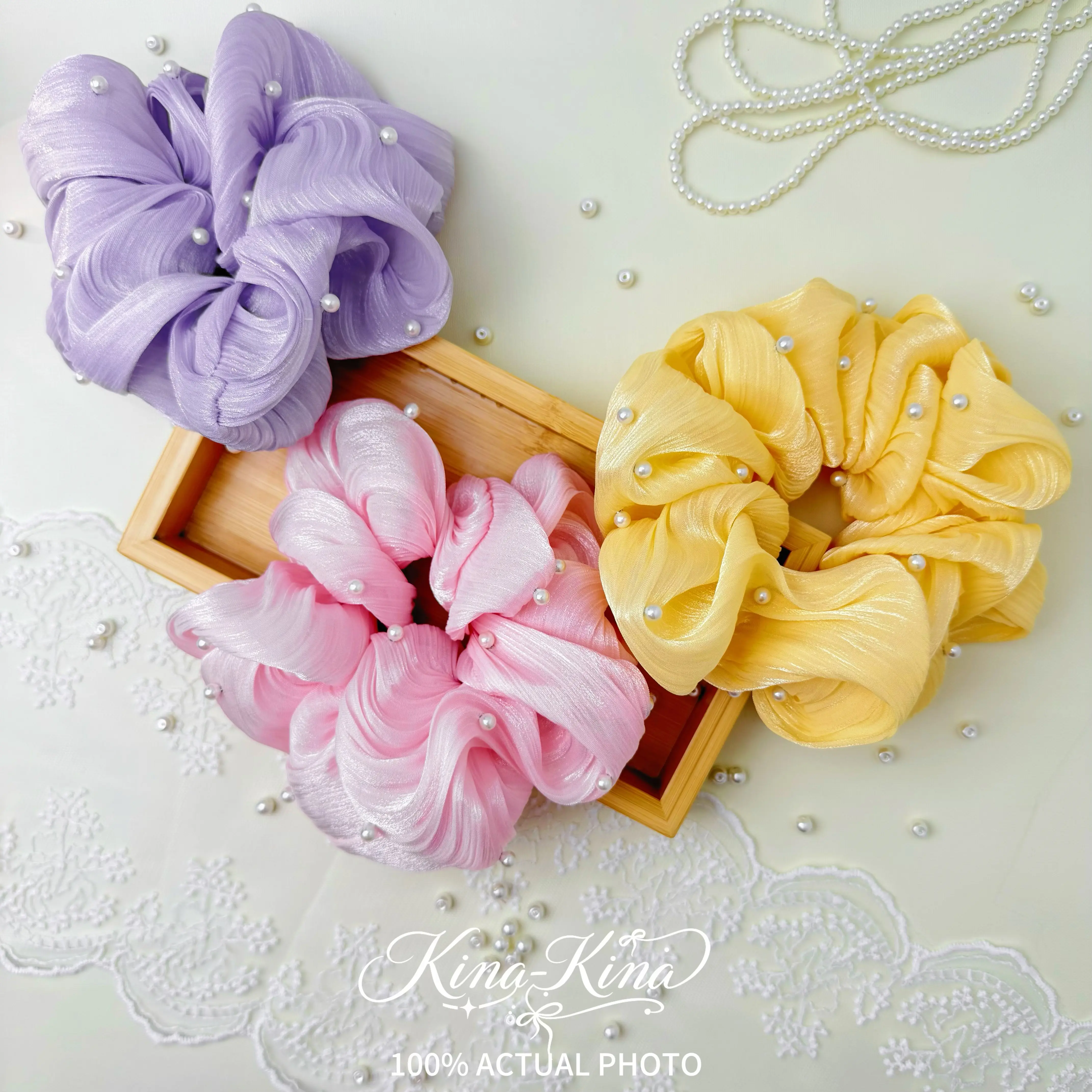 Large Faux Pearl Chiffon Scrunchie for Thick Hair | Elegant French Style Hair Tie