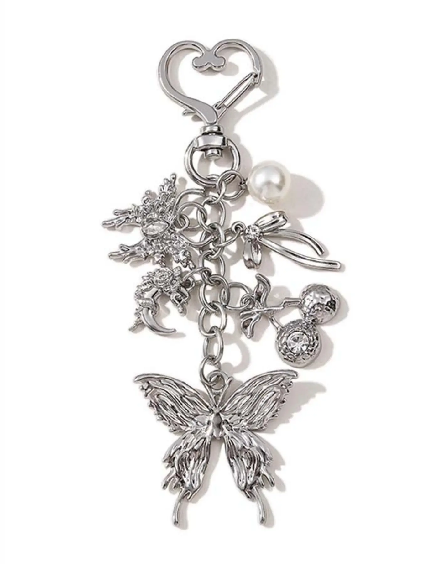 Elegant Y2K Silver Color Butterfly Heart Rhinestone Keychain, Alloy Pendant Charm Accessory, Perfect Gift for Friends & Family, Stylish Keychain, Fashionable Alloy Keychain, Heart Design Keychain
