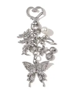 Elegant Y2K Silver Color Butterfly Heart Rhinestone Keychain, Alloy Pendant Charm Accessory, Perfect Gift for Friends & Family, Stylish Keychain