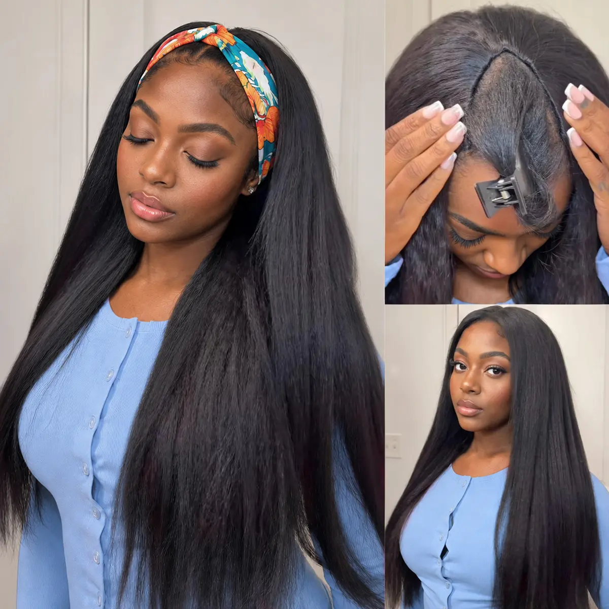 Daixi V Part Glueless Drawstring Kinky Straight 100% Human Hair Wig, 210% Density, No Leave Out, Soft Natural Blend, Adjustable Cap, Beginner Friendly Easy Install Breathable Summer Wig