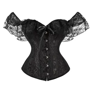 Combhasaki Women's Y2K Vintage Halloween Lace Patchwork Ruffled Short Sleeve Corset Bow Tied Button-down Shapewear Slim Fit Tops