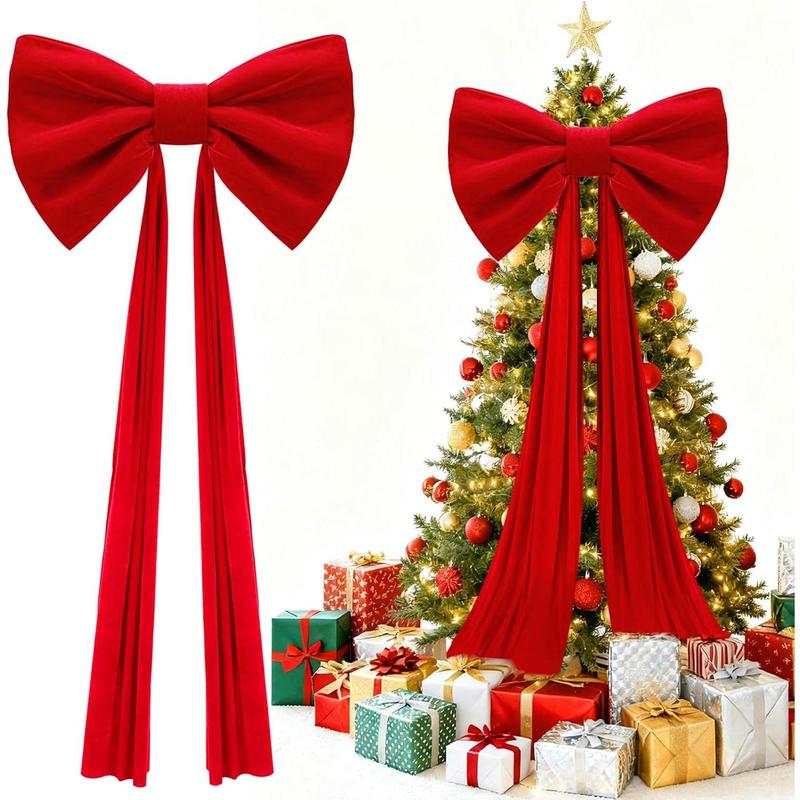 Giant Christmas Tree Topper Velvet Bow Decorations - 32x98in Large Plump & Structured Bows with Pearl Cotton Fill, Red Bow with Long Streamers for Indoor 6–7ft Christmas Tree Window Wall Decor