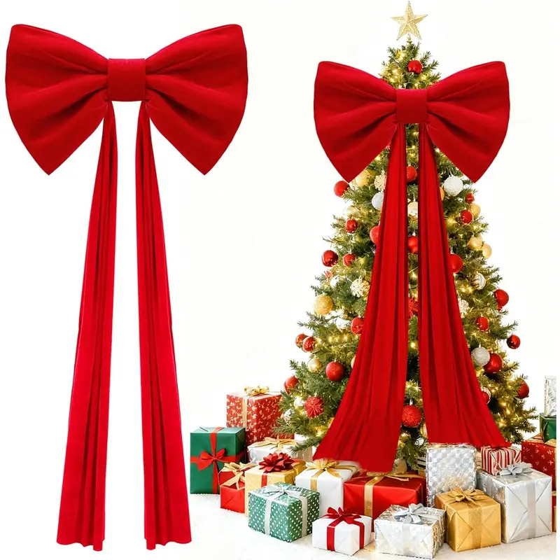 Giant Christmas Tree Topper Velvet Bow Decorations - 32x98in Large Plump & Structured Bows with Pearl Cotton Fill, Red Bow with Long Streamers for Indoor 6–7ft Christmas Tree Window Wall Decor