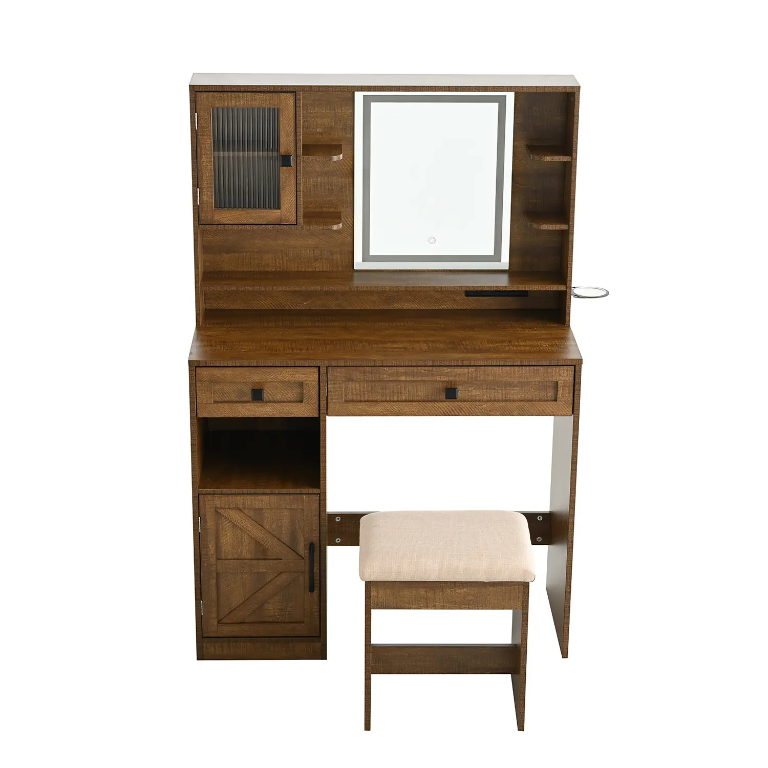 Rustic Brown Farmhouse Makeup Vanity Desk with Mirror, Integrated LED Strip, USB Ports, Charging Station, 2-inch Cushioned Stool, Drawers, Shelves, Side Cabinet, Waterproof Storage Organization, Metal Ring for Hair Dryer (Ideal for Grooming Sessions), Cab