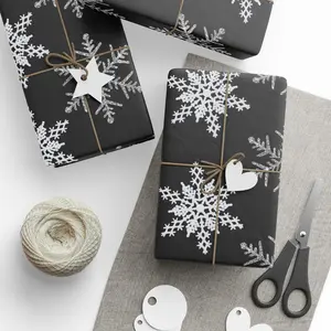White Snowflakes on a Black Background High-Quality Holiday Wrapping Paper