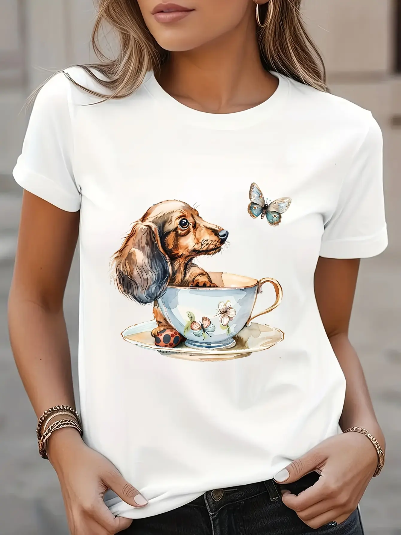 Women'S Dachshund in Cup Graphic T-Shirt, Casual Crew Neck, Short Sleeve, All Season Top