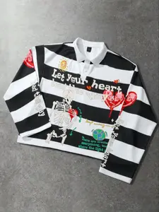Men Women Long Sleeve Polo Shirt Top, Striped Classic Graphic Print Design, Loose Fit Streetwear Style, Spring & Fall Season, Unisex Casual Wear