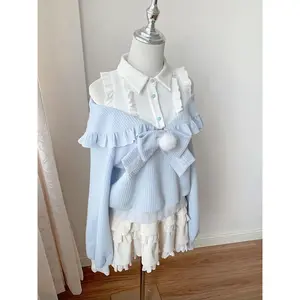New Cute Slim Harajuku Autumn Outfits 2025 Japanese Sweet Lolita Kawaii 2 Piece Set Women Bow Patchwork Tops+ Cake Ruffle Skirts