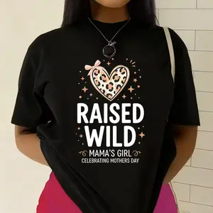 Raised Wild Mama's Girl' Leopard Heart Print T-shirt Mother's Day Style Casual Top