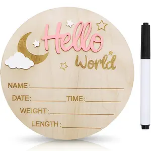 Baby Announcement Sign, 5.9 Inch Wooden Hello World Newborn Signs, Birth Announcement Mark and Pen, Moon and White Cloud Decoration, Welcome Newborn Arrival to World, Hospital Nursery for Baby