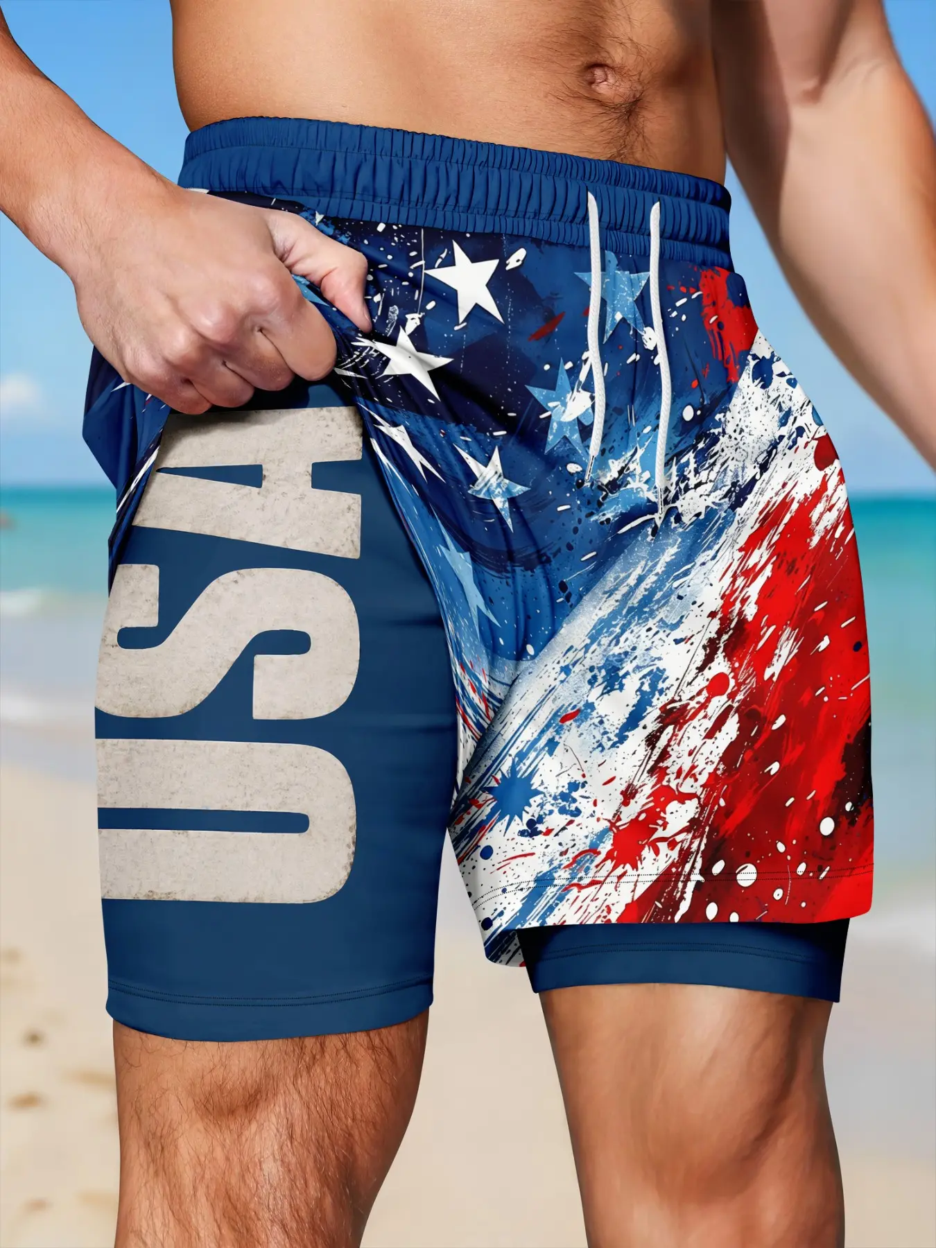 Men's Usa Flag Splash Print Double-Layer Beach Shorts, Swimsuit Shorts, Casual Fitted Drawstring Waist, Quick-Dry Vacation Style, Summer Swim Bottoms, All over Print, Quick Dry Trunks