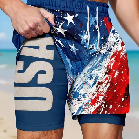 Men's Usa Flag Splash Print Double-Layer Beach Shorts, Swimsuit Shorts, Casual Fitted Drawstring Waist, Quick-Dry Vacation Style, All over Print, Quick Dry Trunks, Swimming Shorts