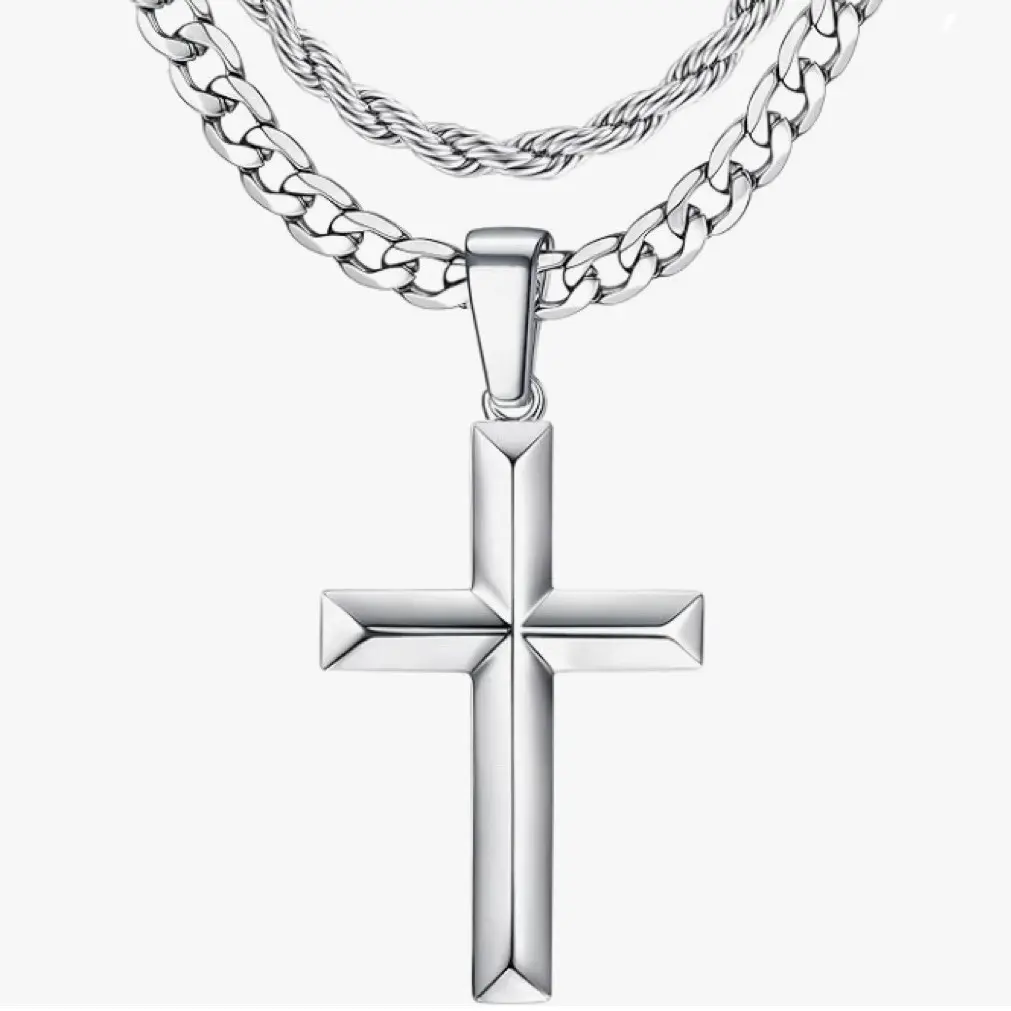 Cross Necklace for Men, Layered Cross Pendant Necklaces Waterproof Stainless Steel Cuban Link & Rope Chain Necklace Mens Cross Stack Necklaces Jewelry Gifts