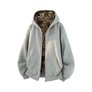 Men's Fleece-Lined Sweatshirt for Autumn & Winter �C a casual hooded style with leopard print on one side, reversible design, pockets, and made of 55% cotton and 45% polyester. This trendy cardigan jacket is ideal for daily casual wear and sports.