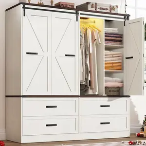 Farmhouse 6 Doors/4 Doors/3 Doors Armoire Wardrobe Closet w/Folding Sliding Barn Door and Lights, LED Armoire Closet w/Drawers for Bedroom, Freestanding Wooden Wardrobe Storage Closets w/Hanging Rod (Antique White/Rustic Brown/Black)