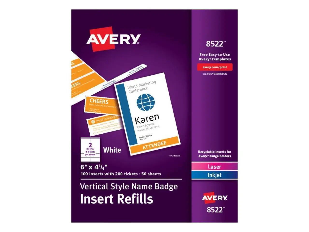Avery® Vertical Name Badge Inserts, 6" x 4 1/4", White, Box Of 100 Inserts