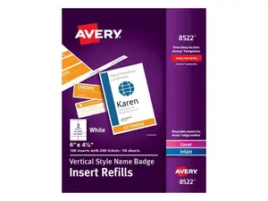 Avery® Vertical Name Badge Inserts, 6" x 4 1/4", White, Box Of 100 Inserts Avery® Vertical Name Badge Inserts, 6" x 4 1/4", White, Box Of 100 Inserts