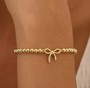 Gold Bracelets for Women 14K Gold Plated Beaded Bracelets Gold Stretch Bead Bracelet Handmade Ball Charm Bracelet Dainty Gold Jewelry Gifts for Women