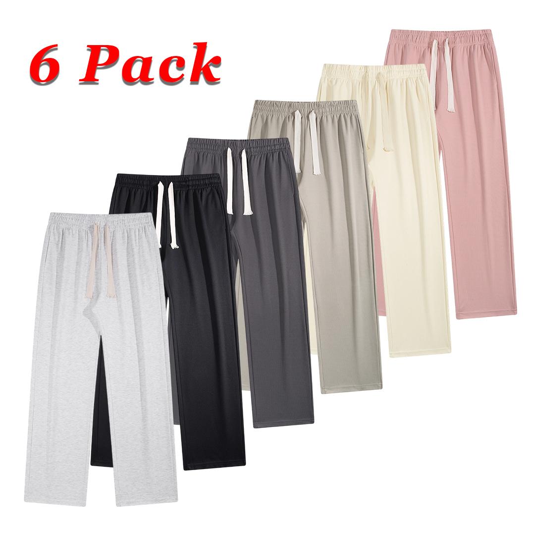 Men's 6-Piece Solid Color Drawstring Casual Long Pants, Street Style Loose Fit Sports Pants