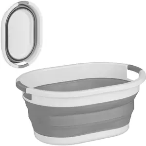 Folding Laundry Basket, 36 litres, Tub, Clothing, Collapsible, Handles, Grey/White, 27.5 x 61 x 44 cm