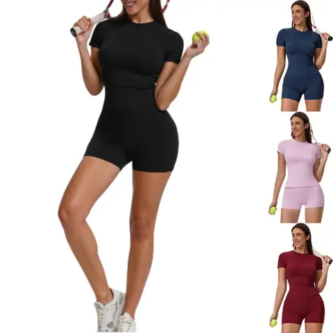 Women's 2-Piece Sport Set High-Stretch Yoga Shorts & Quick-Dry Tee Side Pockets Gym Running All-Season Fit